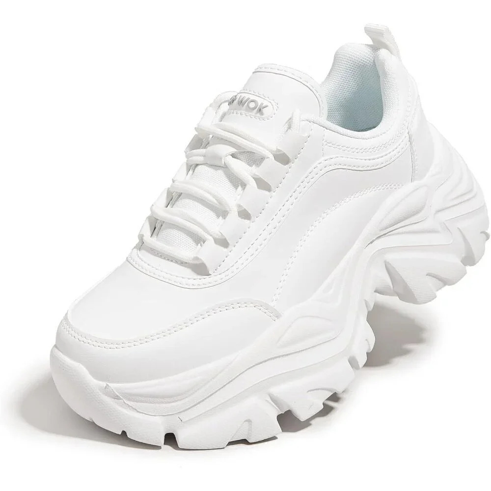 Women White Chunky Platform Dad Black Casual Lace-Up Walking  Sneaker